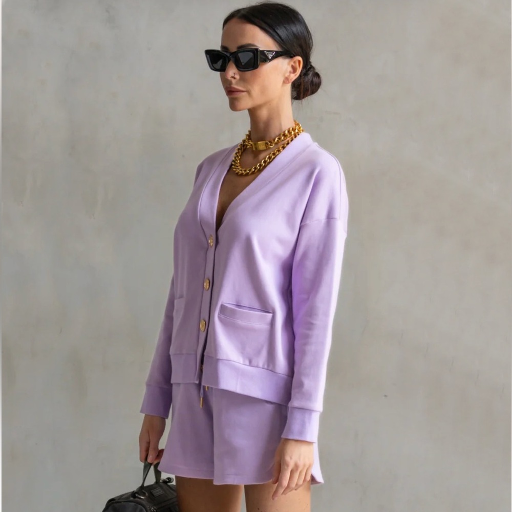 Care Tucker Court Interlock Two Piece Lavender Gold Buttons Cardigan Joggers Set